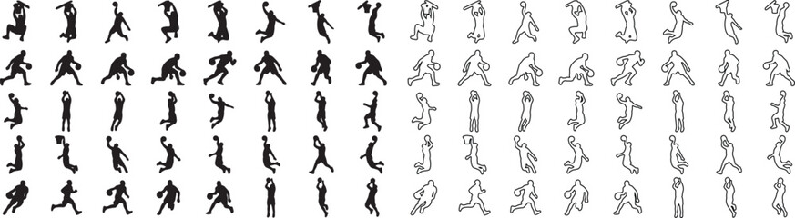 Basketball player silhouettes and line art icons, 80 sports athlete vector elements, professional basketball action poses for team branding and tournament design © Template 