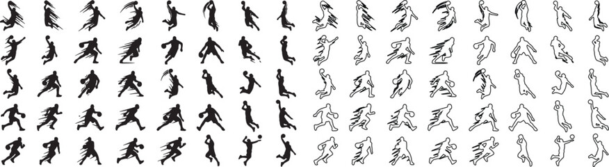 Basketball player silhouettes and line art icons, 80 sports vector elements, professional athlete action poses for competition and training graphics © Template 