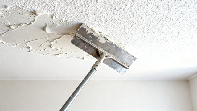 Close-up view of a professional home renovation, featuring a scraper tool diligently removing old textured popcorn ceiling material to prepare for a smooth, modern interior finish