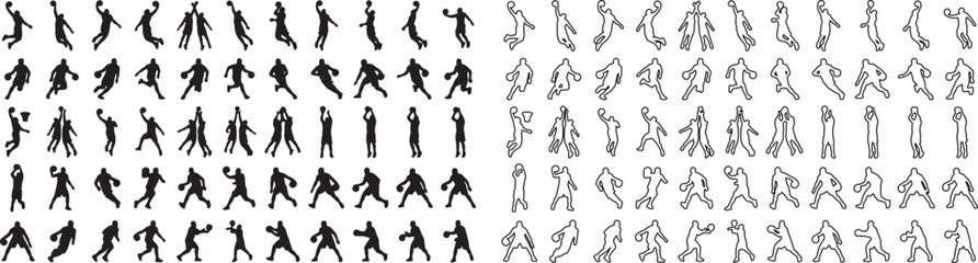 Basketball player silhouettes set, black solid and outline vector icons of athletes jumping and dribbling, sports action poses for graphic design © Template 