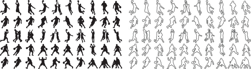 Basketball player silhouettes and line art icons, 100 sports athlete vector elements, basketball action poses for team branding and tournament posters © Template 