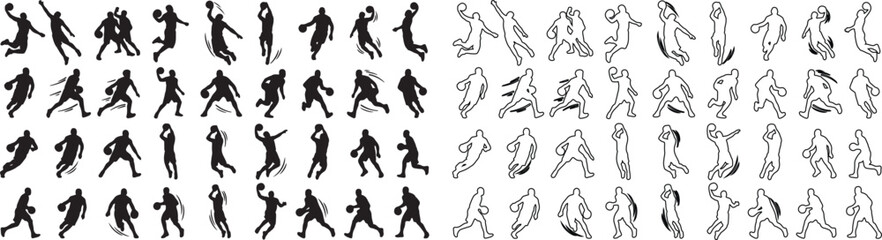 Basketball player silhouettes and line art icons, 80 athletic sports figures set, dunking and dribbling basketball vector illustrations for team logos © Template 