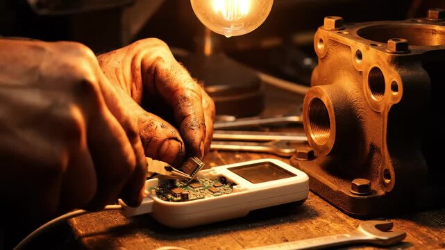 In a cozy workshop filled with the glow of warm light, hands delicately work on intricate electronic parts, combining skill and precision.