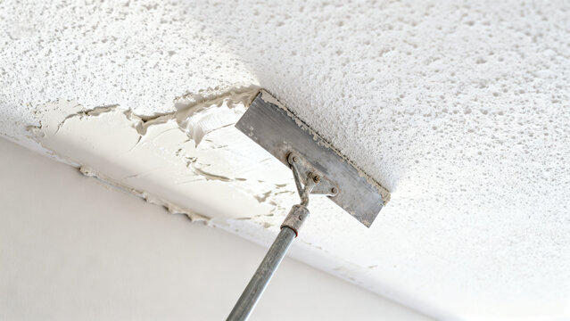 Close-up of a renovation worker carefully scraping off old, peeling popcorn ceiling texture with a specialized tool during a home improvement project