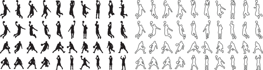 Basketball player silhouettes and line art icons, 80 athletic sports poses set, jumping and dribbling basketball vector elements for team branding © Template 
