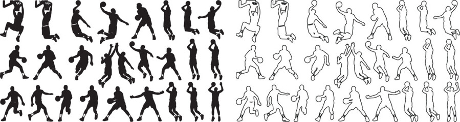 Basketball player silhouettes and line art icons, athletic male basketballers jumping and dribbling, 48 sports vector elements for team branding © Template 