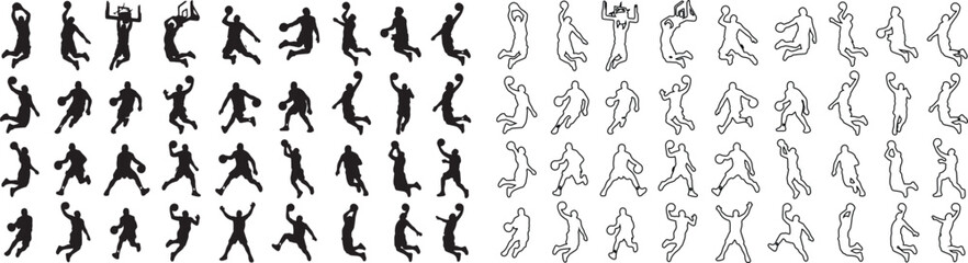 Basketball player silhouettes and line art icons, 64 athletic basketball vector elements, black sports figures jumping and dunking for team logos © Template 