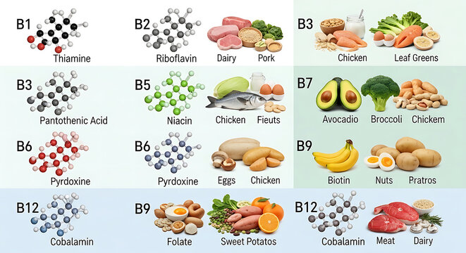 Vitamin B complex molecules and food sources collage