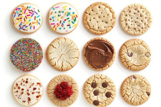 Assorted gourmet cookies collection with sprinkles chocolate and fruit toppings on white.