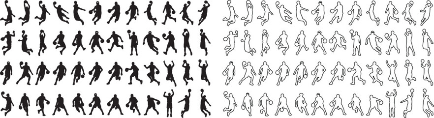Basketball player silhouettes and line art icons, professional athlete action poses set, black sports vector figures for team branding and tournament posters © Template 