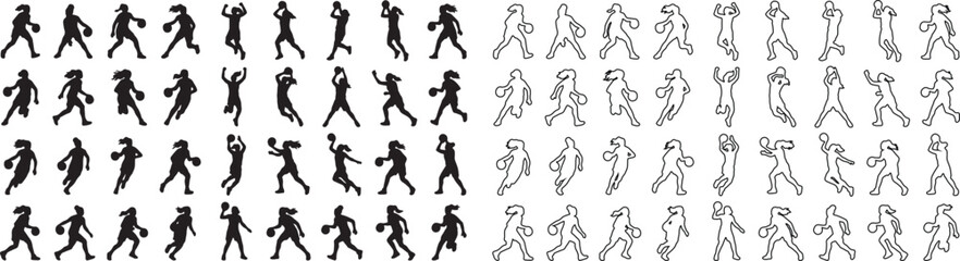Basketball player silhouette set, 64 athlete action poses in vector format, black solid and outline basketball figures for sports design and branding © Template 