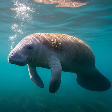 Manatee swimming underwater gentle sea cow in turquoise ocean environment