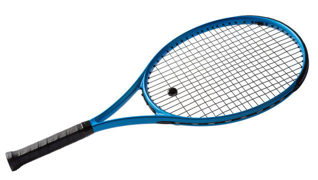 Isolated blue tennis racket with black grip and strings, professional sports equipment