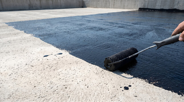 Close up of a worker hand applying thick black liquid bitumen membrane coating with a paint roller on a commercial concrete flat roof.