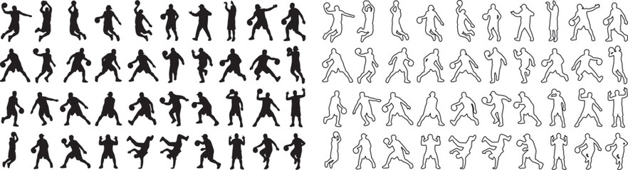 Basketball player silhouettes set, 80 athletic sports icons in solid and line art styles, professional basketball action poses vector collection © Template 