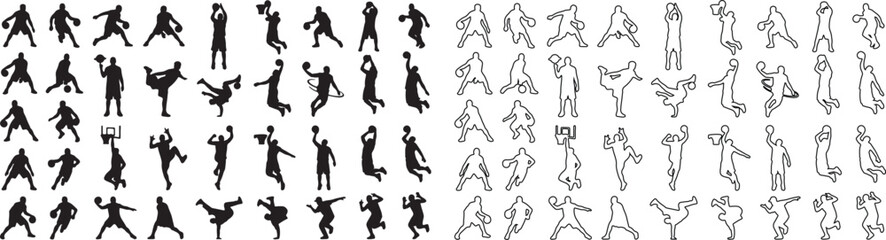Basketball player silhouettes and outline icons set, professional athlete action poses in vector format, basketball dunking and dribbling sports figures © Template 