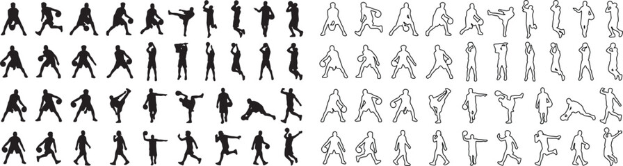 Basketball player silhouettes and outline icons set, 80 sports athlete vector elements, professional basketball action poses for graphic design © Template 