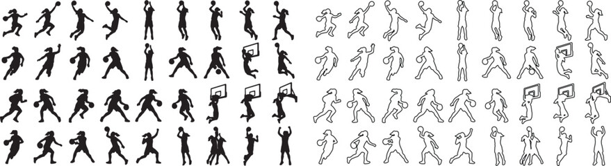 Basketball player silhouettes and line art icons, set of 72 athletic sports vector figures, basketball action poses for team branding and sports design © Template 
