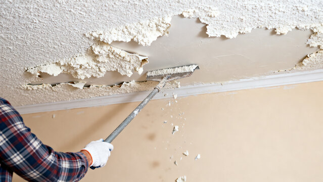 Homeowner diligently scraping deteriorating textured ceiling material, revealing significant damage and undertaking a necessary renovation for repair and improvement