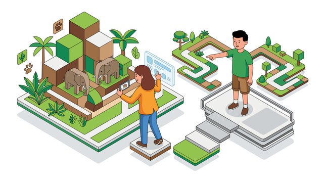Isometric Illustration of People Exploring a Digital Elephant Zoo Exhibit