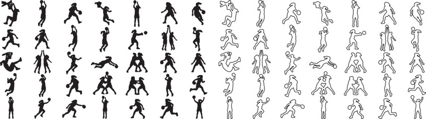 Basketball player silhouettes and outline icons, 56 sports vector elements. Athletic basketball poses set, black action figures for team branding © Template 
