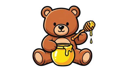 Fototapeta premium Cute Teddy Bear Holding Honey Pot and Dipper.