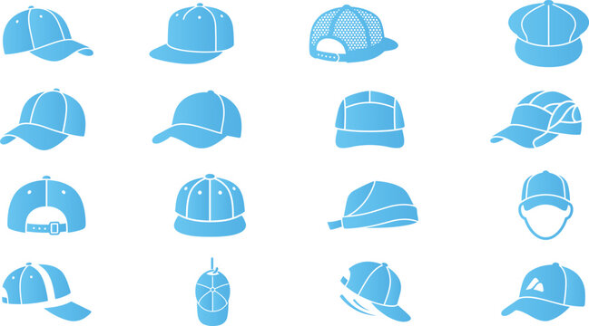 Hat collection vector icons set in flat style with various headwear designs.