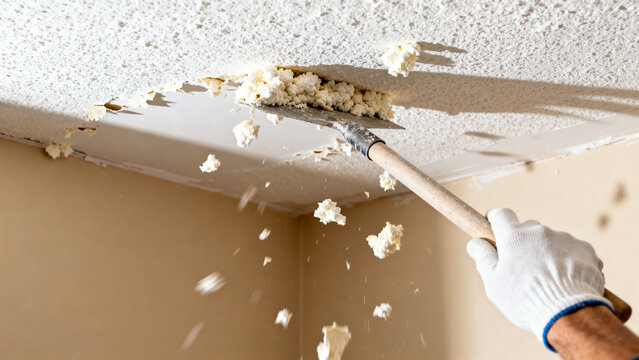 Close-up of a hand wearing a white glove scraping insulation foam from a ceiling with a tool