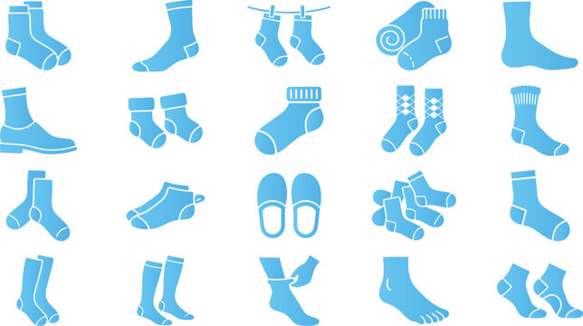 Collection of blue icons representing various types of socks and footwear on white.
