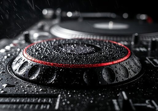 Closeup of a wet dj controller button with red accent in rainy conditions