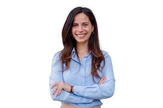Professional woman smiling with confidence, arms crossed, representing leadership and success on transparent background
