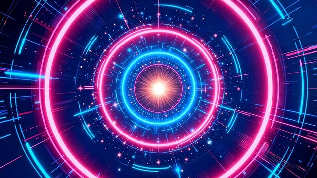 Neon light tunnel with glowing rings