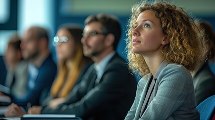 Obraz premium A woman with curly, reddish-brown hair sits attentively in a conference room, gazing upwards and slightly to the side.