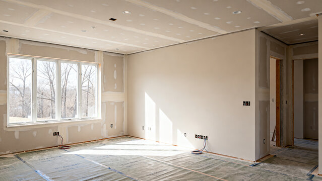 Interior of a new house under construction, showing unfinished walls, ceiling, and a large window with natural light streaming in, highlighting the home renovation process