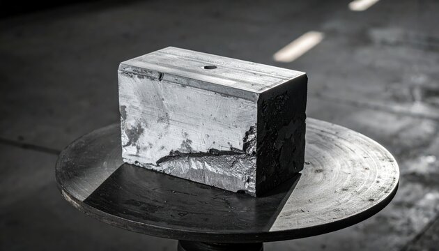 A rough cut zinc block displaying a dull metallic grey surface with signs of oxidation and corrosion on a dark textured platform