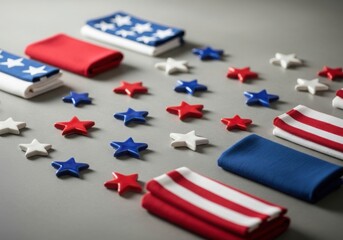 Fototapeta premium July independence day decorations american flags stars on gray surface
