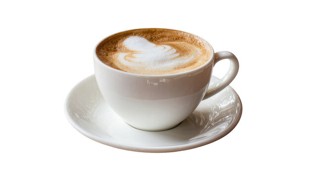 Isolated cappuccino coffee cup with heart latte art on saucer, delicious morning beverage