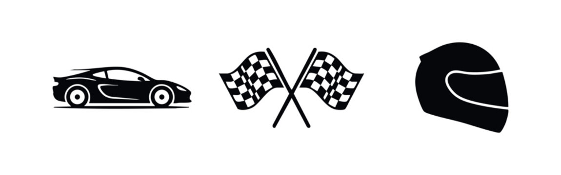 Car racing icon set with sports car silhouette checkered flags and racing helmet