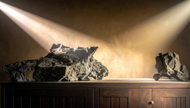 A rough uranium ore rock with intricate mineral formations resting on a dark wooden cabinet under dramatic lighting