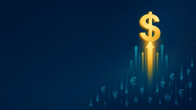 Global Currency Exchange Growth Concept with Rising Dollar Symbol on Blue Financial Background