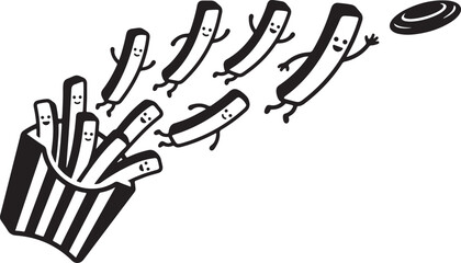Fototapeta premium Cartoon french fries jumping out of paper container with happy faces fun food illustration