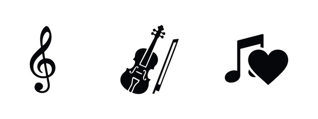 Musical icons set including treble clef violin and musical note with heart © Lili