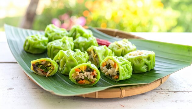 Vibrant green vegetable dumplings with colorful fillings arranged on a banana leaf, showcasing a delightful dim sum presentation.