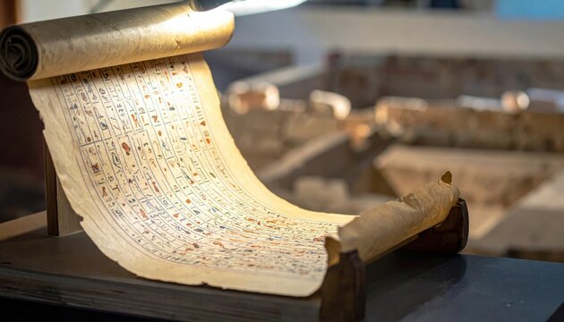 Detailed view of an ancient Egyptian papyrus scroll fragment, meticulously unrolled and illuminated, showcasing hieroglyphs and ancient text.