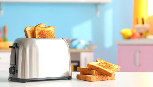 A shiny stainless‑steel toaster with golden toast in a vibrant kitchen, symbolizing warmth, comfort, and the joy of morning routines in a colorful home setting.