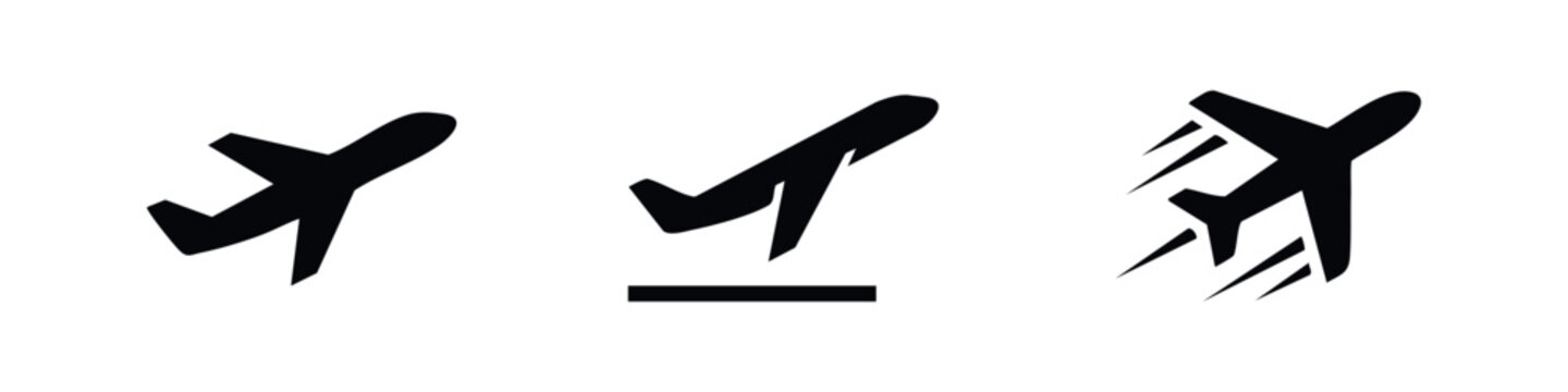 Airplane icons set showing takeoff landing and high speed flight silhouettes