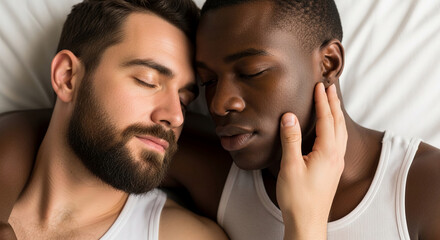 Obraz premium Close-up of two men resting with eyes closed, one's hand on the other's cheek, representing intimacy, connection, and affection, symbolizing love and partnership