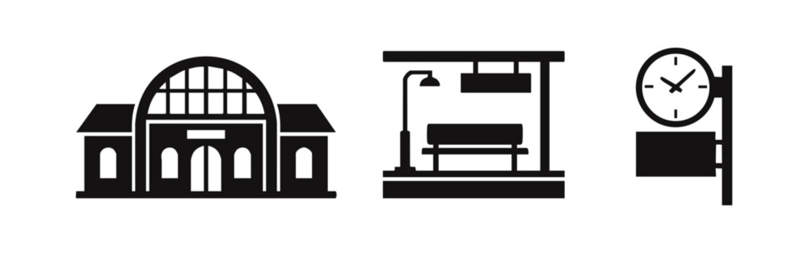 Train Station Building, Platform and Public Clock Silhouette Icon Set