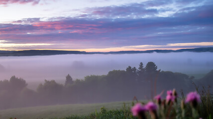 Obraz premium A Serene Landscape Photograph of a Misty Morning Over Rolling Hills with a Pink and Purple Sunrise Sky