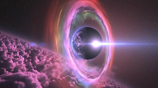 Vivid cosmic phenomenon with glowing nebula and light source on a distant planet